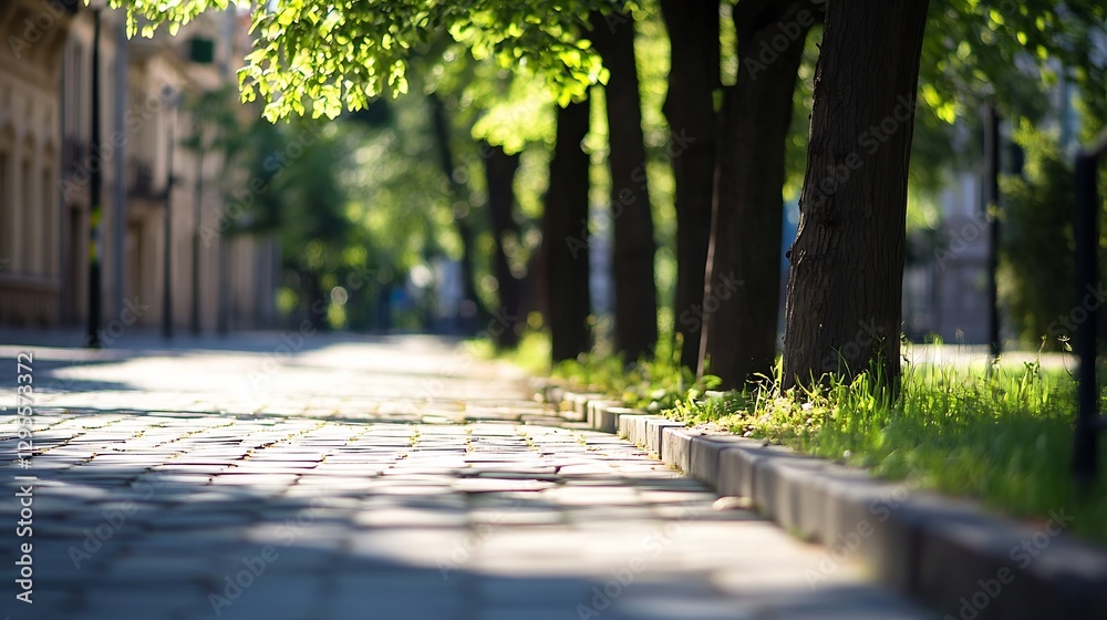 Poster lush green trees lining a peaceful sidewalk illuminated by warm sunlight on a clear day : generative