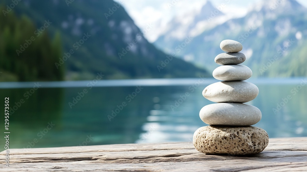 Poster Serene Stone Stacks by the Tranquil Lake with Lush Mountains in the Background : Generative AI