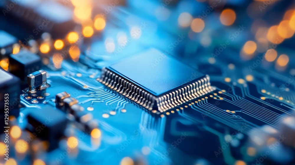 Aufkleber Detailed Close Up of a Circuit Board with a Microchip and Bright Bokeh Effect : Generative AI