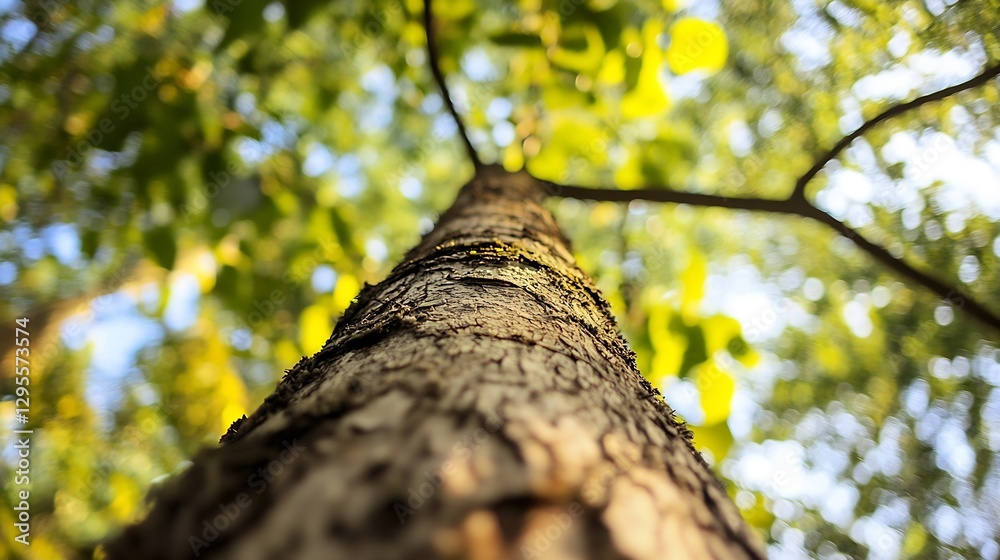 Poster Close up of a tree trunk showcasing the intricate texture and greenery above in the forest : Generative AI