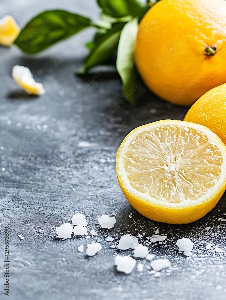 Aufkleber fresh yellow lemons with one sliced open revealing juicy pulp close up on a textured surface with sa