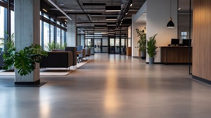 Modern open office space with greenery and natural light creating a calm work environment : Generative AI