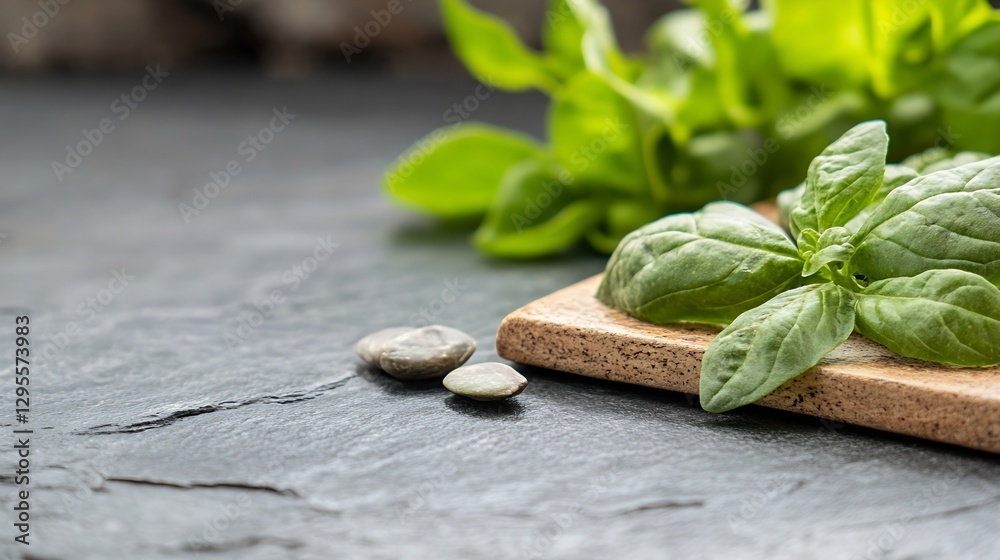 Poster fresh basil leaves on wooden cutting board with smooth stones on rustic slate background : generativ