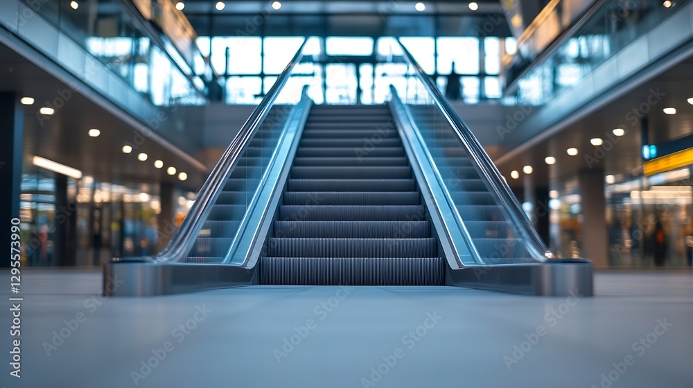 Poster modern escalators in bright commercial space with glass architecture : generative ai