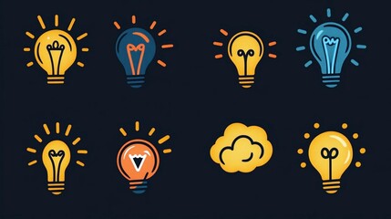 Collection of eight lightbulb icons and a cloud, symbolizing ideas and innovation.