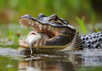 Alligator with Prey in Water: A Close-Up of an Alligator Catching Fish in a Serene Natural Habitat Setting