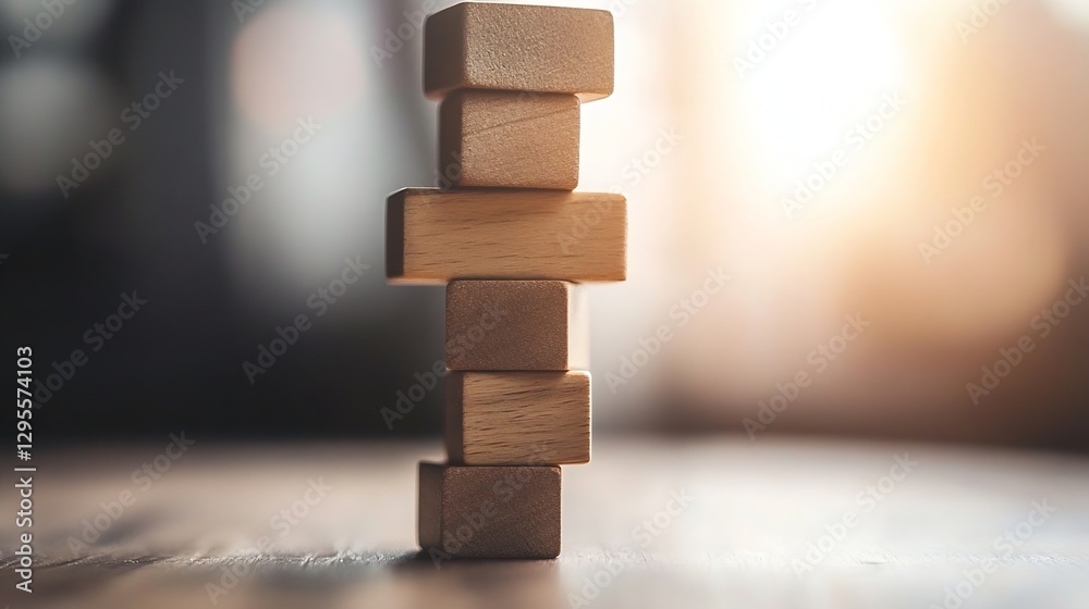 Aufkleber A creatively arranged stack of wooden blocks balancing meticulously on a soft backdrop of natural light : Generative AI