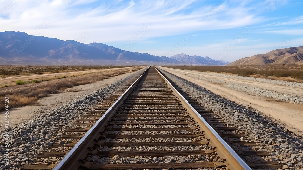 Poster expansive view of railway tracks stretching into the distance surrounded by mountains under a bright
