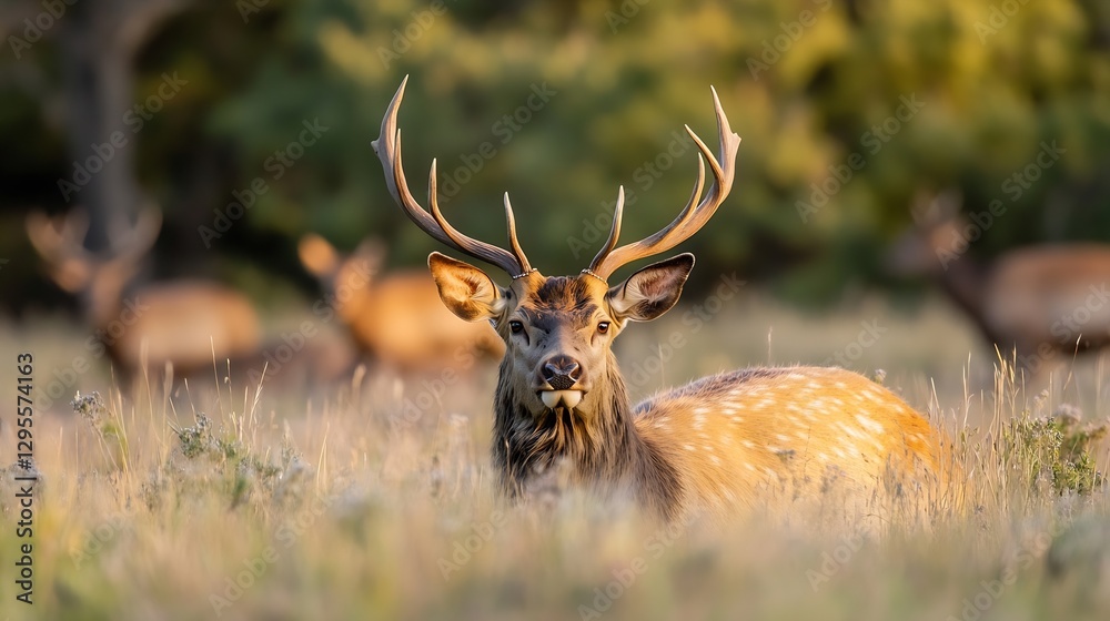 Poster Wild Deer Resting in a Sunlit Meadow with Soft Focus Background : Generative AI