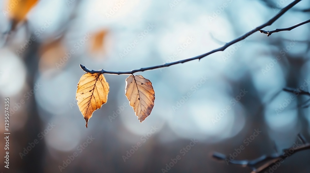 Poster autumn leaves on a branch illuminated by soft sunlight in a forest backdrop : generative ai