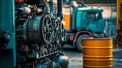 Fototapeta premium Engine maintenance action at industrial site heavy machinery environment close-up viewpoint mechanical process concept for seo impact