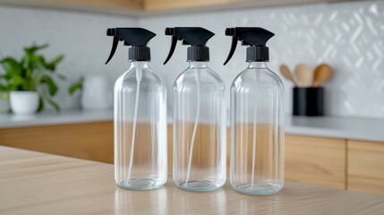 Transparent spray bottles on wooden table in modern kitchen setting