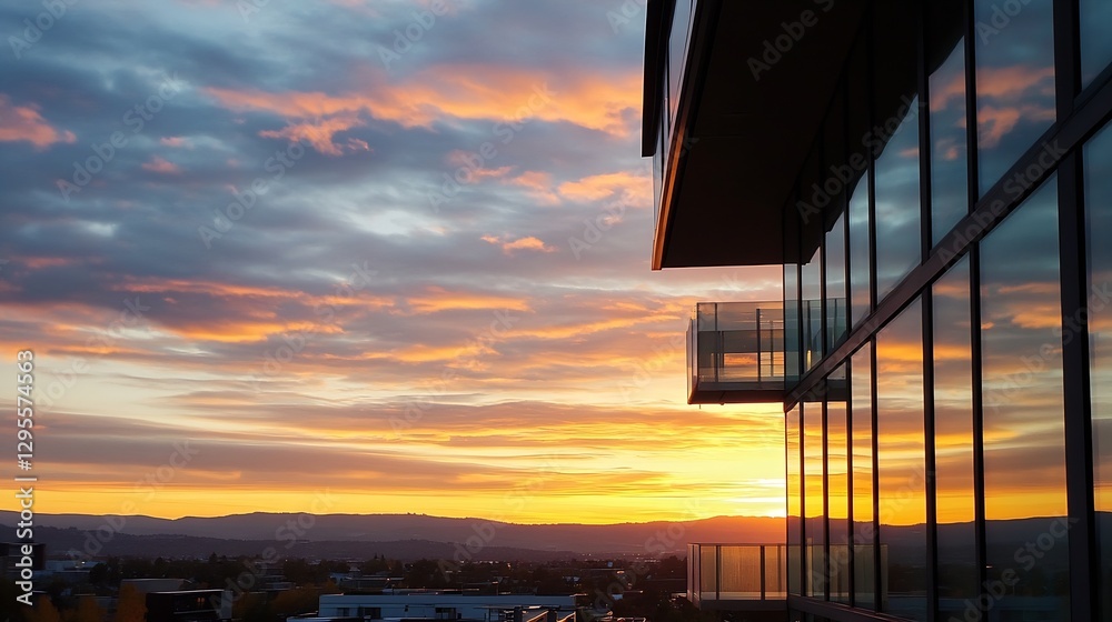 Poster stunning sunset reflected in modern building windows with bright colors : generative ai