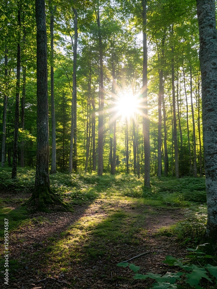 Poster dramatic sunlight filtering through tall trees in a lush green forest : generative ai