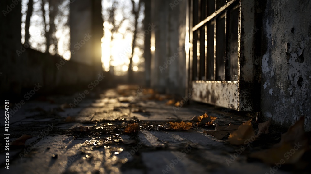 Poster rustic pathway with leaves and natural light glowing through an old iron gate : generative ai
