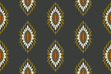 Embroidered Ikat flower pattern on a black background. Traditional ethnic ikat, Aztec abstract vector pattern, seamless pattern in tribal, folk embroidery and Mexican style.