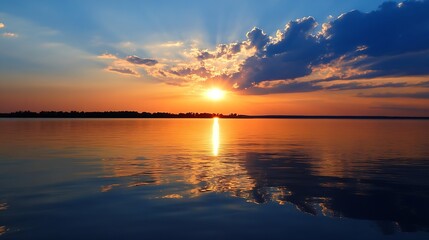 Obraz premium Stunning sunset over tranquil lake with colorful sky reflecting on the calm water surface : Generative AI