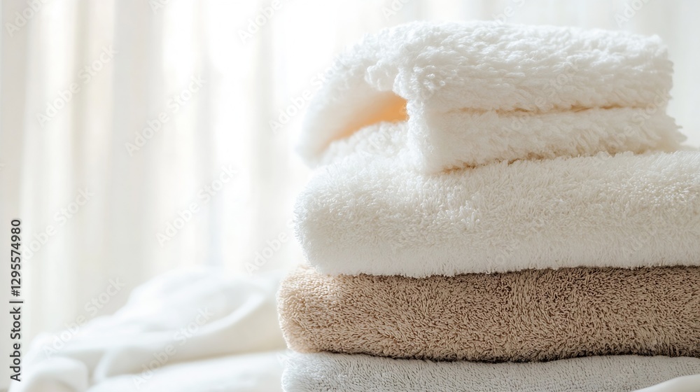 Aufkleber Stack of soft white towels neatly arranged for cleanliness and relaxation settings : Generative AI