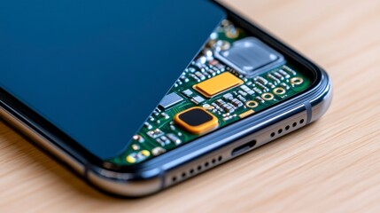 Close-Up of Smartphone Circuit Board and Components on Wooden Surface