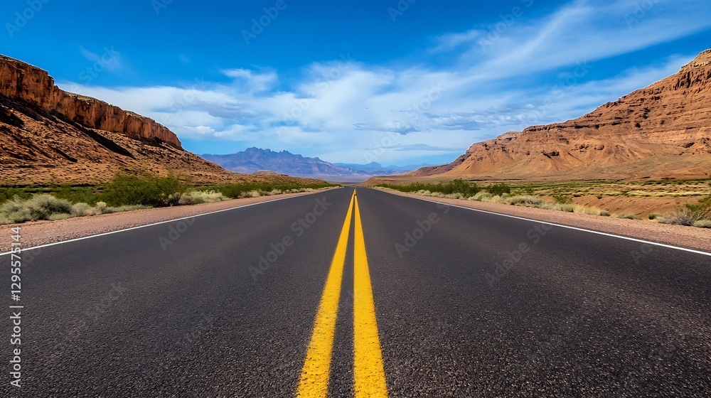 Aufkleber Scenic empty highway stretching towards mountains under a bright blue sky with attractive clouds : Generative AI