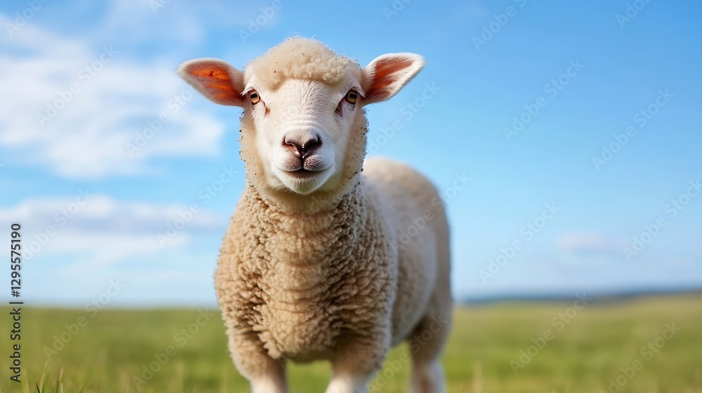 Poster closeup of a cute sheep looking directly at the camera in a lush green meadow under a bright sky : g
