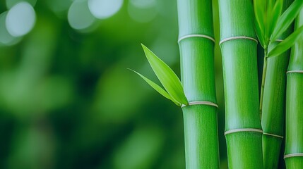 Fototapeta premium Fresh Green Bamboo Stalks with Leaves Against Soft Blurred Background