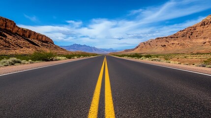 Fototapeta premium Scenic empty highway stretching towards mountains under a bright blue sky with attractive clouds : Generative AI