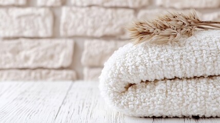 Soft and cozy rolled towel with natural decorative elements on rustic wooden table : Generative AI