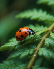 Obraz premium Close-up of a ladybug on a vibrant green fern, nature beauty