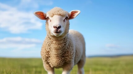 Obraz premium Closeup of a cute sheep looking directly at the camera in a lush green meadow under a bright sky : Generative AI