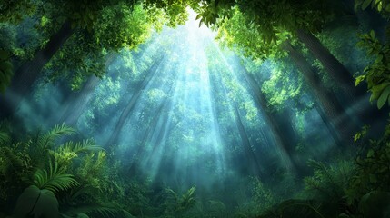 Obraz premium Sunlight Shining Through Lush Green Forest Canopy in Nature