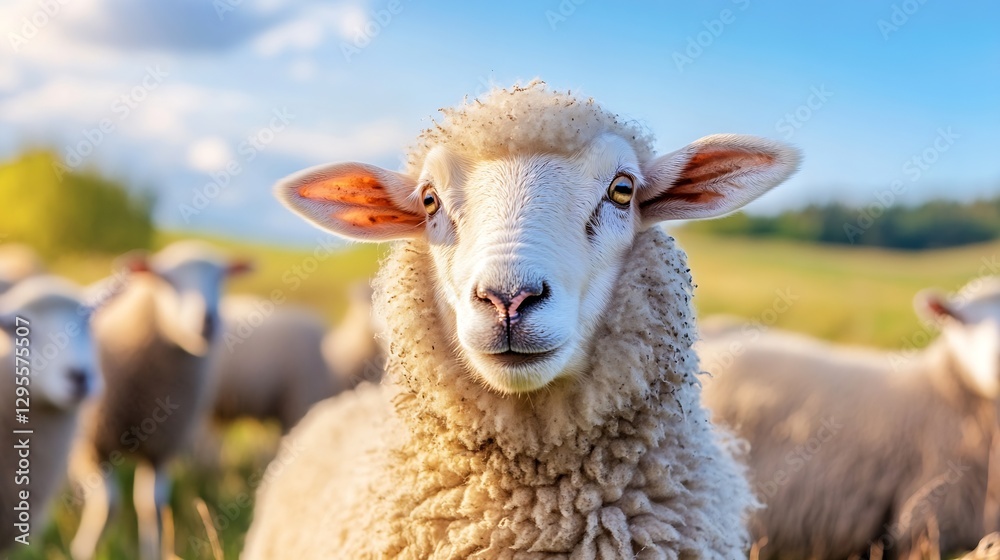 Poster close up of a sheep with a beautiful landscape background under a clear blue sky : generative ai