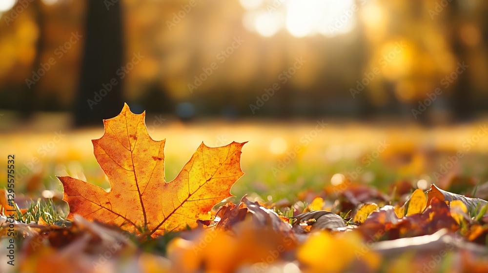 Poster Vibrant autumn leaf resting on the ground among a colorful array of fallen leaves in a park : Generative AI