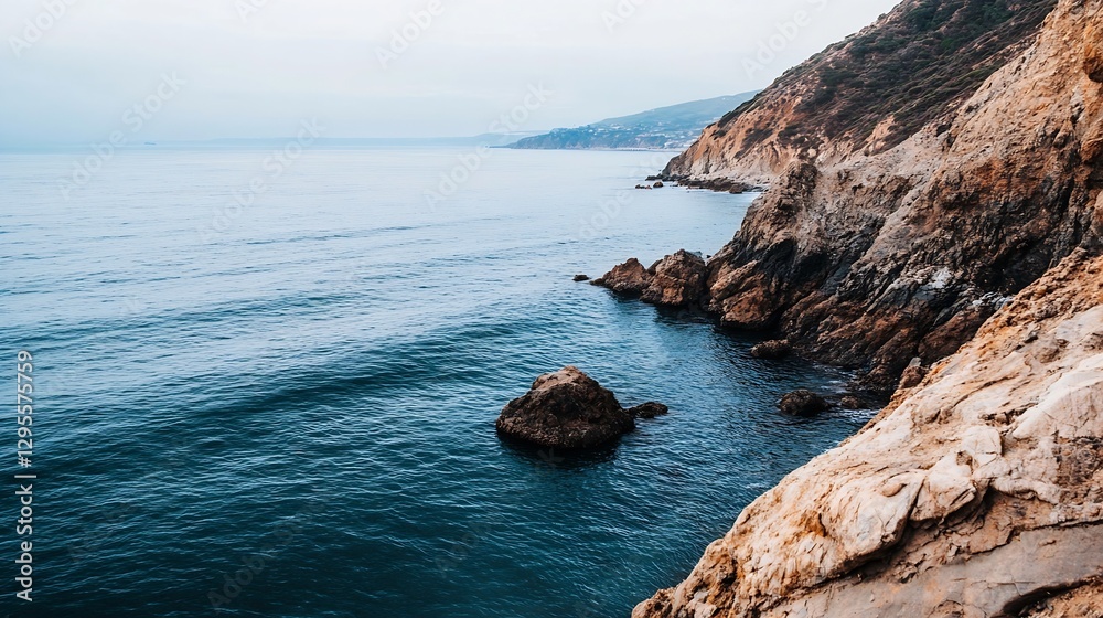 Poster Majestic ocean view from rocky cliffs with gentle waves lapping at the shore : Generative AI