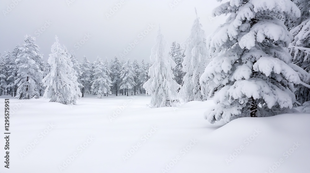 Poster serene winter landscape covered in fresh snow with snowcapped trees standing tall : generative ai