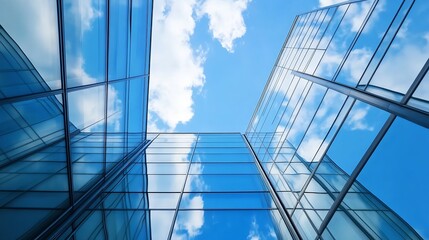Obraz premium Stunning view of skyscraper glass windows reflecting blue sky and white clouds : Generative AI