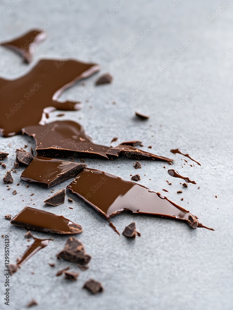 Poster melted and broken dark chocolate pieces scattered on a gray surface showcasing rich texture and glos
