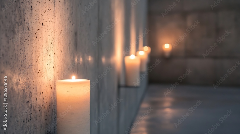 Poster soft glowing candles lined along a concrete wall creating a tranquil ambiance : generative ai