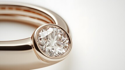 A close-up of a rose gold ring with a sparkling diamond at its center, shown on a clean white background