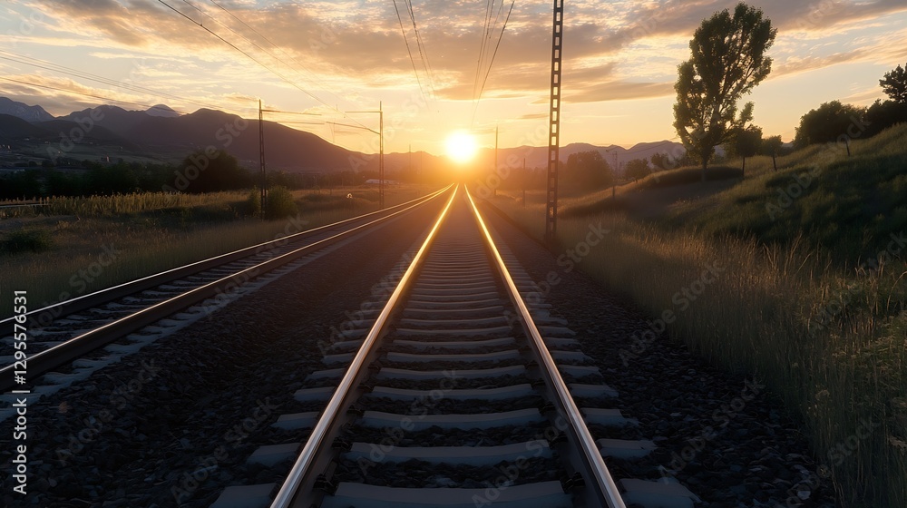Poster serene sunset view at railway tracks leading into the horizon surrounded by nature : generative ai