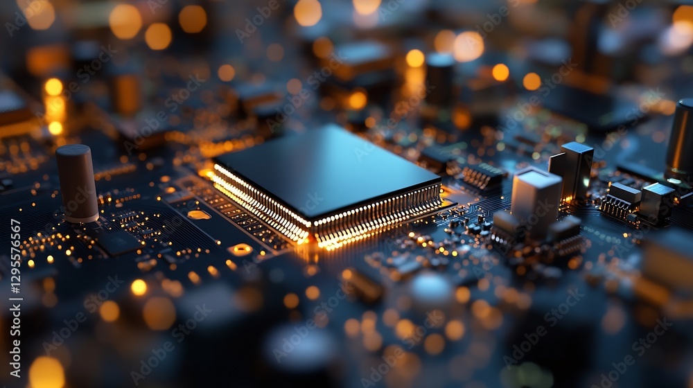 Leinwandbilder close up of electronic circuit board with microchip and glowing lights : generative ai