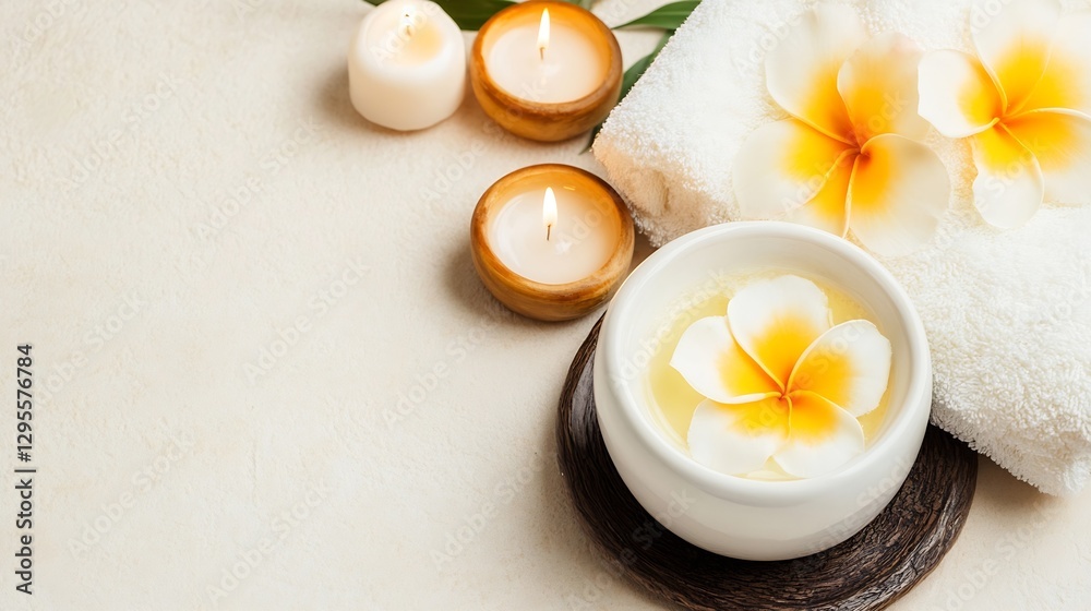 Poster spa setting with aromatic cream and flower on soft towel : generative ai