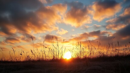 Fototapeta premium Golden Sunset Over Grassy Field with Fluffy Clouds in the Horizon : Generative AI