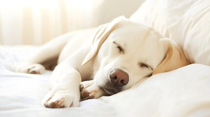 Sleeping White Labrador Dog on a Cozy Bed with Soft Light : Generative AI