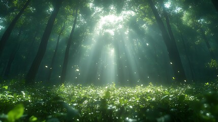 Naklejka premium Sunbeams Illuminate Misty Forest Floor