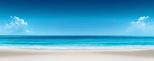 Tranquil Beach Scene with Clear Blue Sky and Calm Ocean Water for Relaxation and Summer Vacation