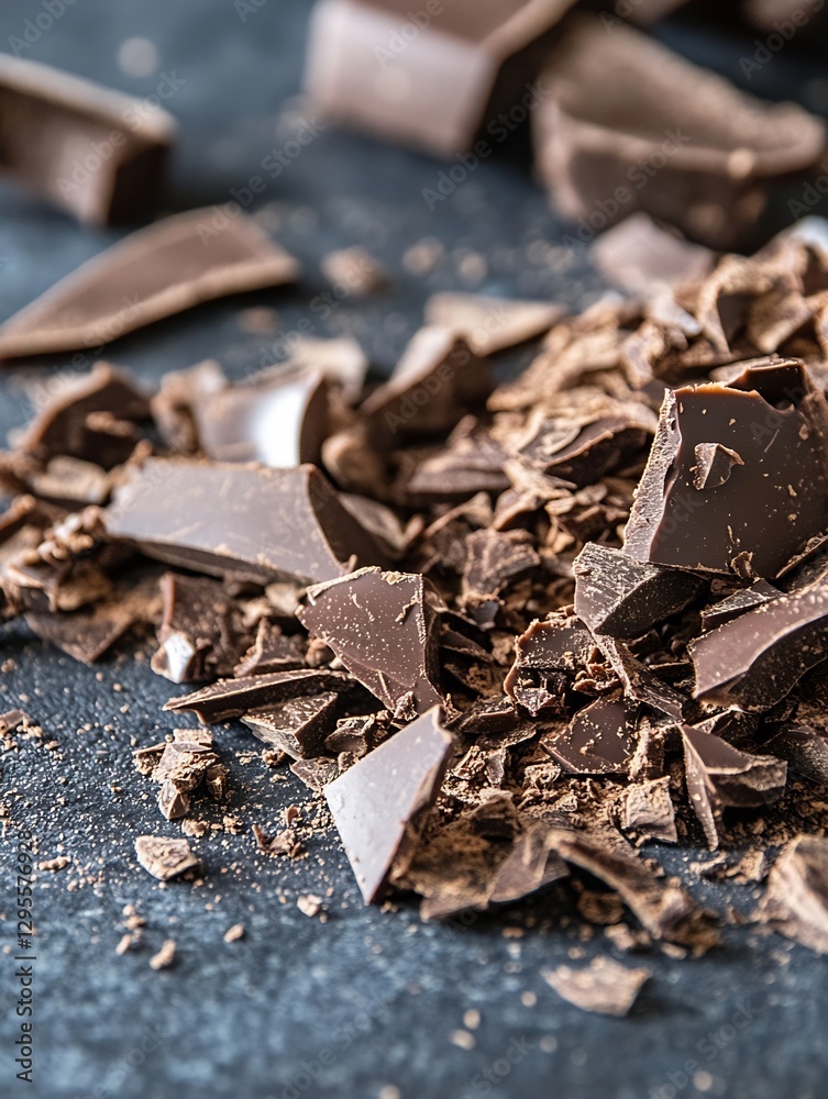 Poster close up of broken dark chocolate pieces scattered on textured surface for culinary inspiration : ge