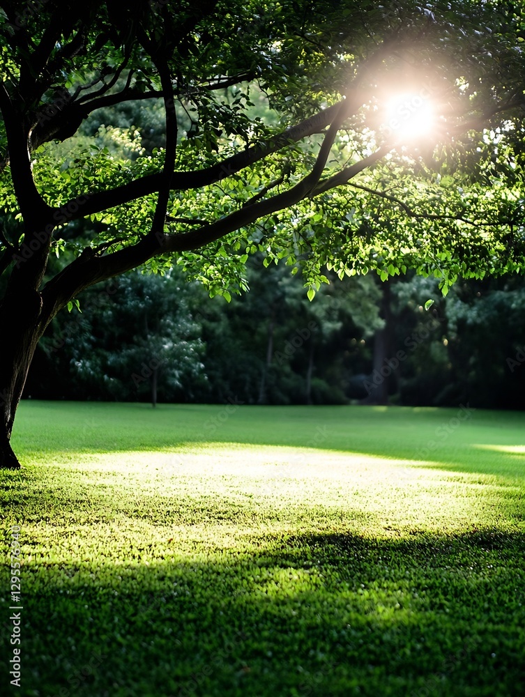 Poster Sunlight filtering through lush green trees creating a glowing bright atmosphere on the grass : Generative AI
