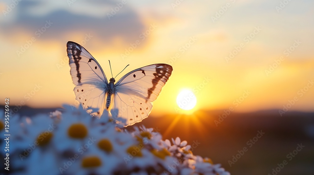 Poster stunning butterfly perched on colorful daisies at sunset creating a beautiful serene atmosphere : ge