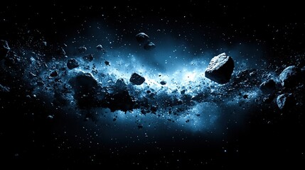 Cosmic debris field, asteroid collision, deep space, nebula glow